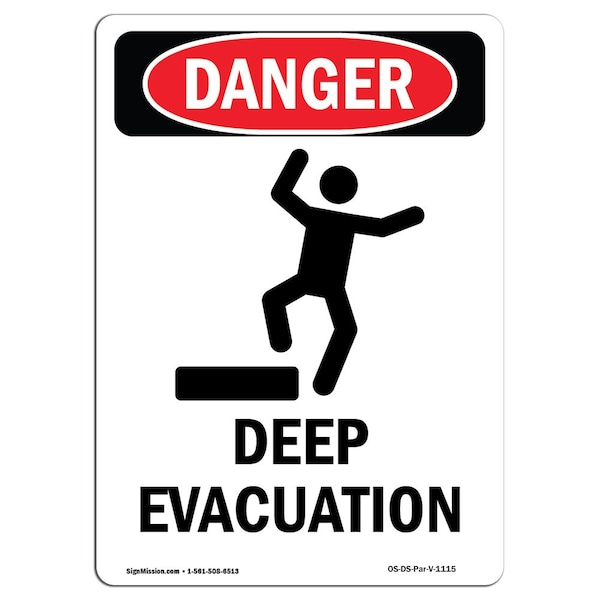 Safety Sign, OSHA Danger, 24" Height, Rigid Plastic, Deep Evacuation, Portrait